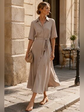 H&M Taupe Button Front Midi Shirt Dress Tie Waist Minimalist Neutral Dress Small